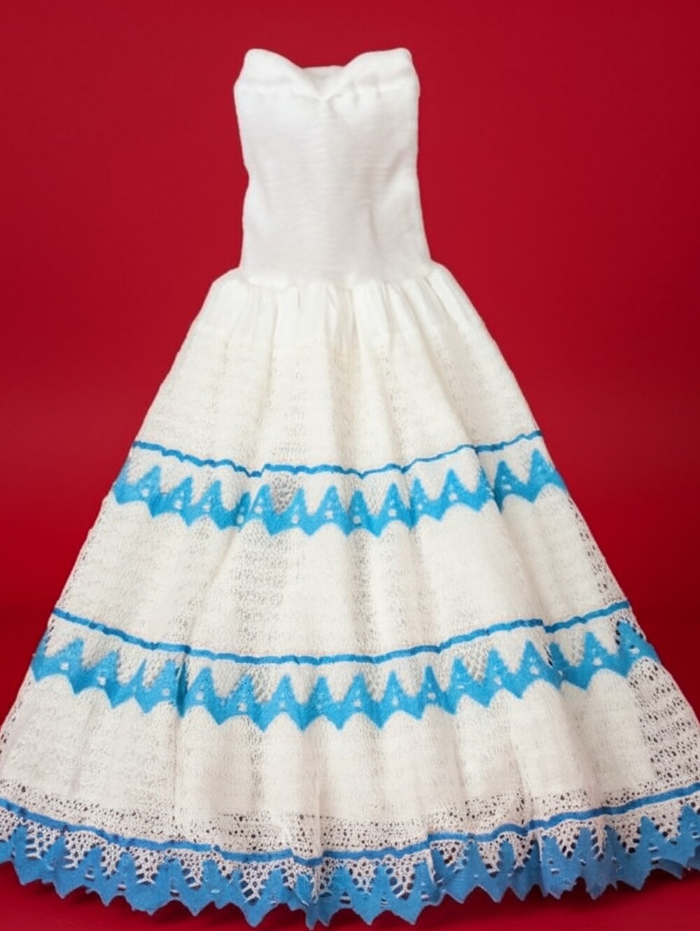 White Crochet Strapless Gown, 3 Layers Blue Trim, Elasticized Bodice, Fits S-M